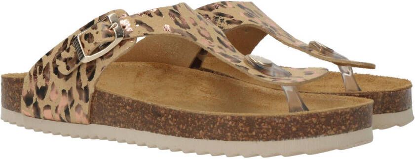 Develab 48202 leren teenslippers met panterprint beige/goud